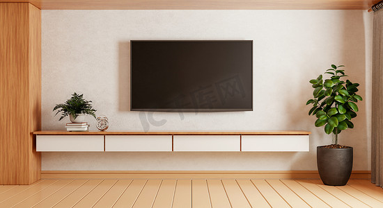 在现代空荡荡的房间里，木制橱柜上方的电视，木制背景上铺着植物地毯。