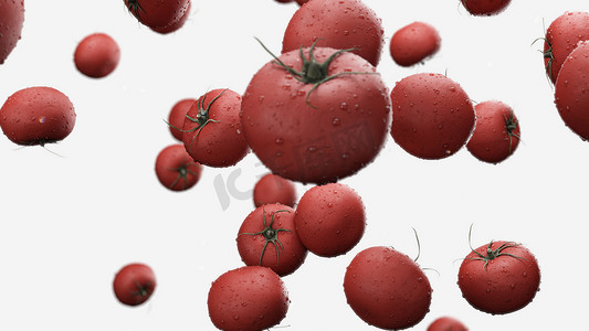 蔬菜落摄影照片_3d 渲染白色背景上带有水滴的落番茄
