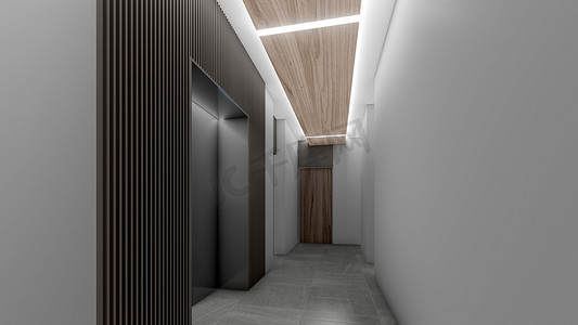 酒店走廊插图中电梯的 3D 渲染