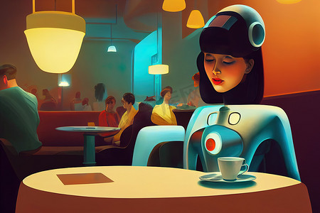 卡通女坐摄影照片_坐在咖啡店里的漂亮女机器人，卡通，原子朋克柔和的灯光