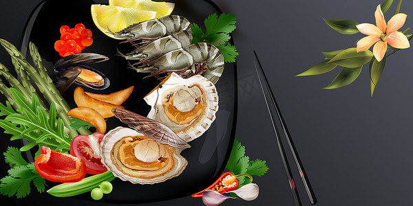 日式海鲜菜肴，配以大虾和扇贝。