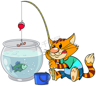 从水族馆钓鱼的猫。