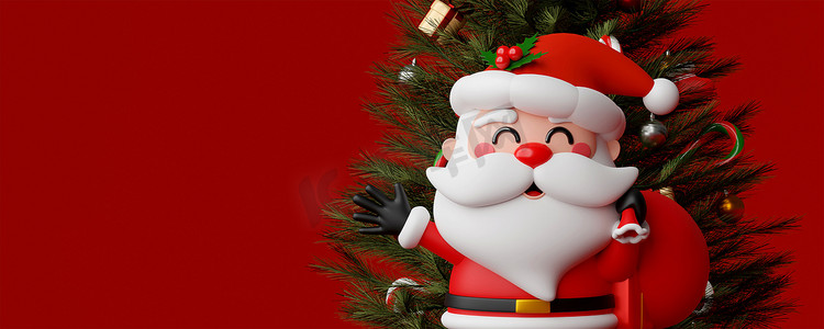 圣诞销售摄影照片_圣诞老人与圣诞树的 3d 插图圣诞横幅