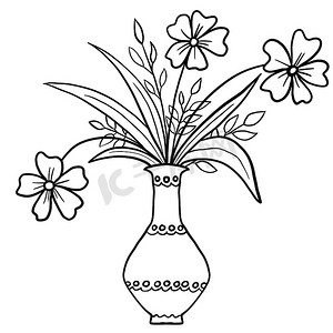 手绘花卉花叶在花瓶插图中，黑白优雅的婚礼装饰品，线条艺术极简主义纹身风格设计夏季春季自然枝叶开花。
