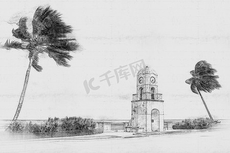 棕榈滩沃斯大道钟楼美国佛罗里达州，手绘风格铅笔素描