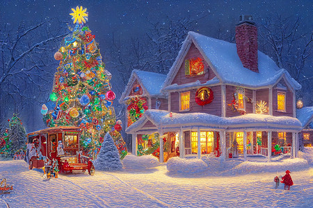 建筑学摄影照片_圣诞树屋的 3D 插图，周围有雪，配有装饰品和彩灯