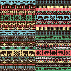 五颜六色的非洲图案与大象剪影