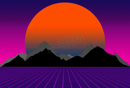 80 年代风格的科幻，紫色背景与黑色和灰色山脉后面的日落。