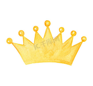 装饰黄色皇冠王冠摄影照片_孤立在白色背景上的水彩黄色国王皇冠。