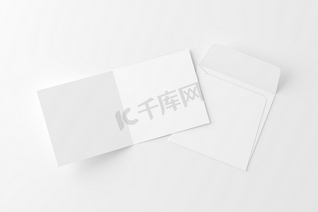 3d打印设计摄影照片_带信封白色空白 3D 渲染样机的方形折叠邀请卡
