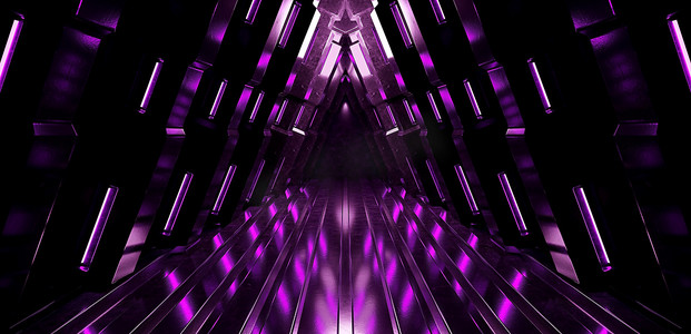 霓虹灯发光紫色蓝色充满活力的科幻未来舞台讲台建筑金属三角形混凝土垃圾反光暗夜虚拟表演背景 3D 渲染