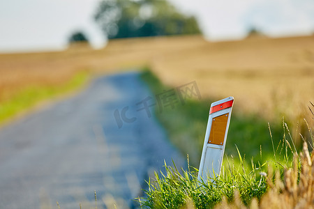路边反射器特写镜头在路和绿色和棕色草旁边的。
