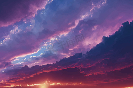 落山的太阳摄影照片_太阳落山时美丽的粉红色和紫色天空和夜晚云彩的插图。