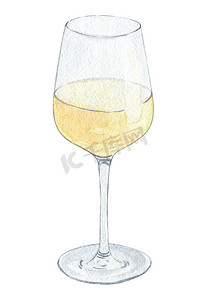 孤立在白色背景上的水彩白葡萄酒杯