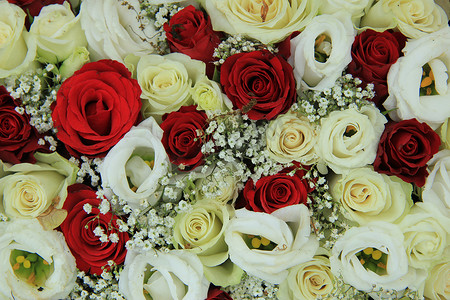 红色饰品摄影照片_新娘花束中的红色和白色玫瑰