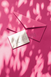 美容品牌身份作为平面模型设计、名片和信件，用于粉红色阴影背景下的在线奢侈品牌