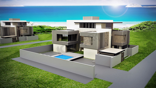 豪华别墅的 3D 插图，享有美丽的海景。 