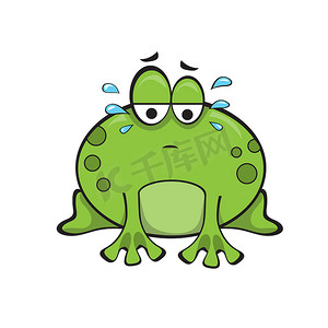 可爱的悲伤青蛙坐着哭泣。
