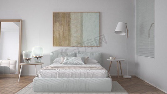 白色色调的现代明亮极简主义卧室、带枕头的双人床、羽绒被和毯子、镶木地板、窗户、带灯的桌子、带坐垫的镜子、地毯、室内设计理念