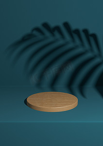 深蓝绿色、水蓝色 3D 渲染简单、最小的木制产品讲台背景和棕榈叶阴影，用于圆柱台上的自然产品