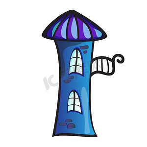 闸矢量摄影照片_童话般的蓝色石塔，带有可爱卡通风格的阳台。