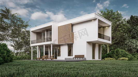 投资摄影照片_现代房屋与自然景观的 3D 渲染插图