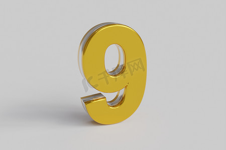 金色数字九摄影照片_字母数字九 3D 渲染金色字体与银色轮廓隔离白色背景。