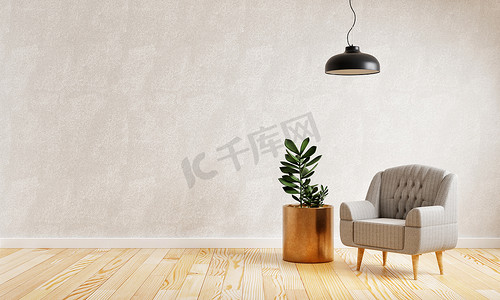 木地板客厅摄影照片_现代客厅配有舒适的织物扶手椅，配有复制空间墙背景。