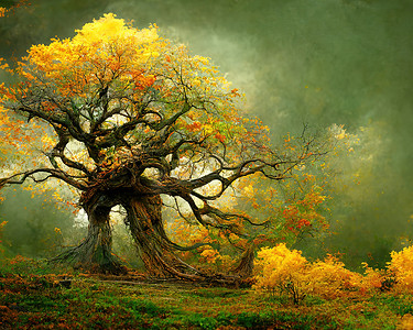 秋天树枝树枝摄影照片_老大树的数字艺术与惊人的树枝，3D 插图