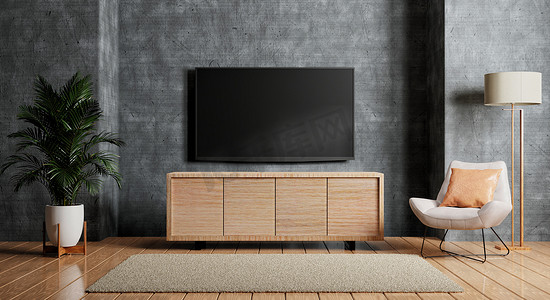 现代空房间里的木柜上方有电视，椅子上铺着地毯，地板上铺着灯。
