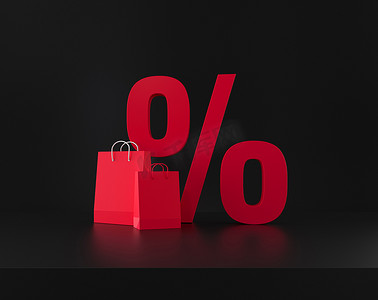 产品购物袋摄影照片_百分比折扣符号和黑色背景上的购物袋。