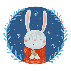 新年和圣诞假期的节日贺卡模板与可爱的兔子和鸟。