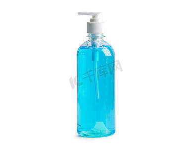 白色背景上分离的蓝色酒精消毒剂凝胶瓶，用于洗涤以保护安全感染并杀死新型冠状病毒Covid 19病毒、细菌和细菌。