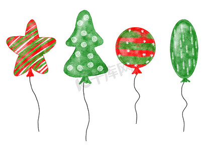 手绘气球摄影照片_水彩手绘绿色红色圣诞热气球插图。