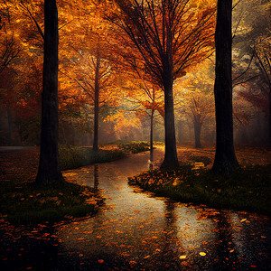 剪影灯塔摄影照片_有橙色和黄色叶子的秋天公园