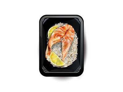 饭盒便当摄影照片_三文鱼排配米饭和柠檬片，装在午餐盒里。