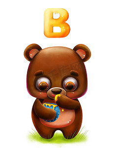 可爱蜂蜜摄影照片_卡通搞笑泰迪熊与蜂蜜和字母表中的字母
