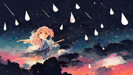 伞插画摄影照片_夜空落雨和伞女孩插画动漫风格