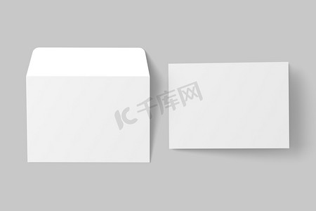 a4邀请函样机摄影照片_A4 A5 A6 景观折叠邀请卡带信封 3D 渲染白色空白样机