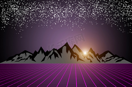80 年代风格的科幻小说，黑暗的星空背景，日出在黑色、灰色的山脉后面。