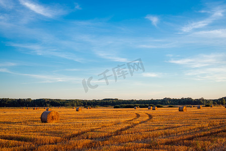 日落时，田野里有成捆的稻草，气氛宁静，乡村景色