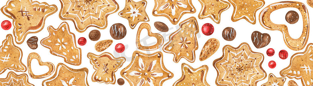 圣诞水彩网页横幅，配有巧克力和饼干