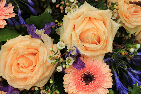 桃粉色婚礼鲜花：玫瑰和非洲菊