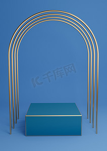 明亮、深色、柔和的蓝色 3D 渲染最小的产品展示立方体讲台或带有豪华金色拱门和金色线条的展台。