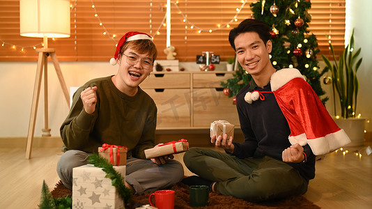 家庭欢庆摄影照片_两个快乐的朋友在家里的圣诞树前笑着交换礼物。