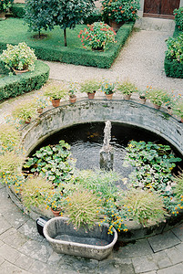 圆形水池摄影照片_花园里有喷泉的圆形水池，周围环绕着花盆