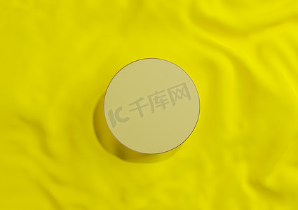 明亮的霓虹黄色 3D 渲染最小产品展示顶视图平躺圆形讲台或在波浪形纺织品上用金线站立，用于从上方进行豪华化妆品摄影