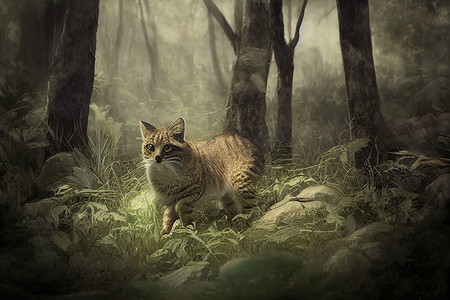 宠物插画摄影照片_森林插画中优雅的野猫