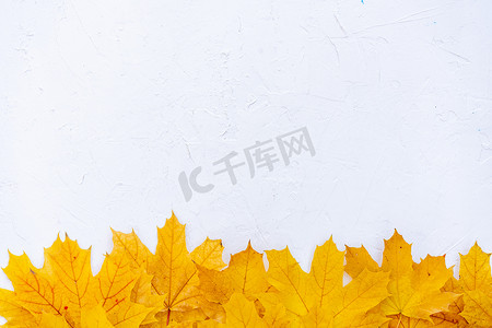 边框黄色背景摄影照片_白色背景顶视图上的秋叶框秋季边框黄色和橙色叶子复古结构表复制文本空间。
