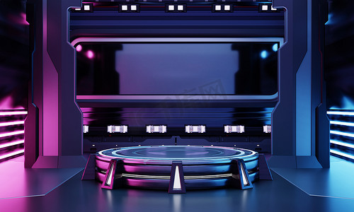 剧院霓虹灯摄影照片_Cyber​​punk 科幻产品讲台展示在空荡荡的宇宙飞船房间里，背景是蓝色和粉色。